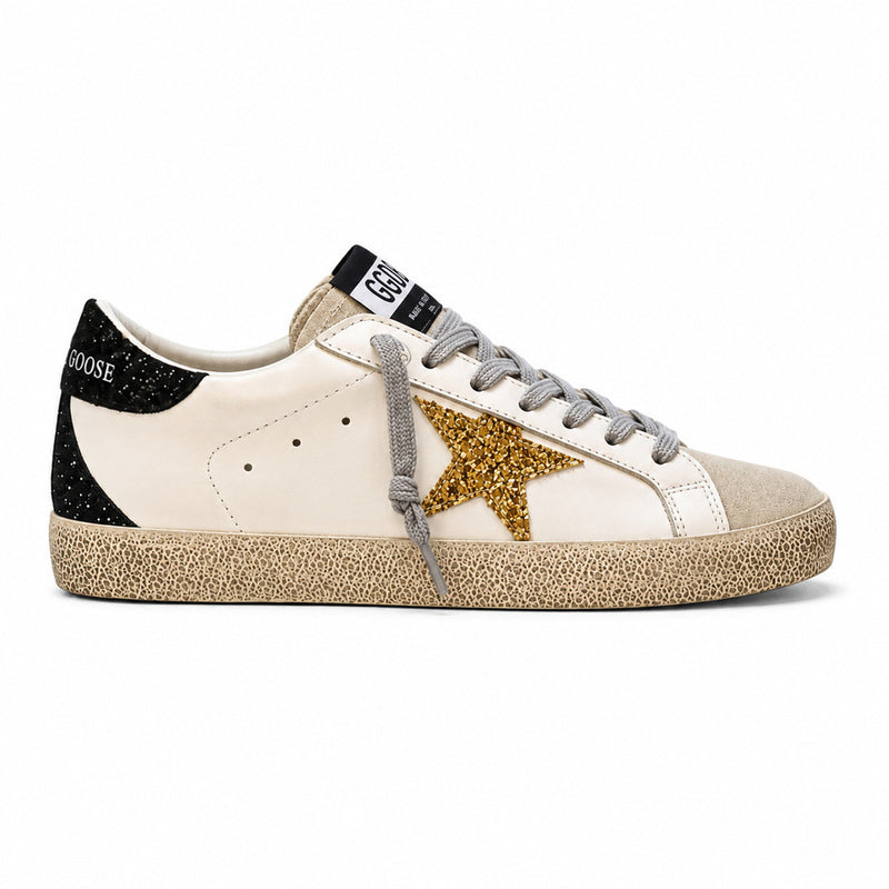 Golden Goose Women's Super-Star with Gold Glitter Star and Black Glitter Heel